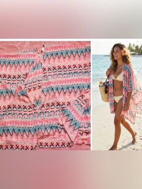 OP Cover Up Sheer Geometric Womens XL Kimono Open Front Pink Blue Beach vacation